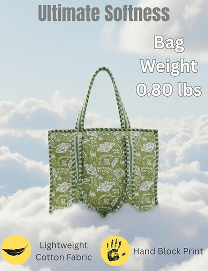 Cotton Quilted Tote Bag for Women – Large Beach & Travel Tote with Zipper, Reusable Grocery Bag