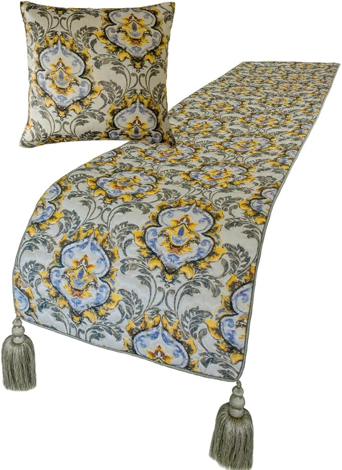 The HomeCentric King/Queen/Twin Grey Decorative Twin 53"x18" Bed Runner with 2 Pillow Cover, Quilted, Damask & Tassels Bed Scarf on Jacquard Fabric - Damask Blaze