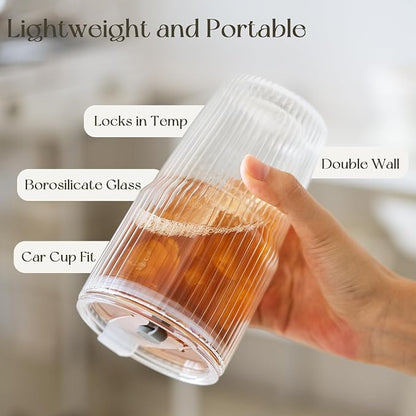 KEMORELA 16oz Ribbed Double Wall Glass Cups