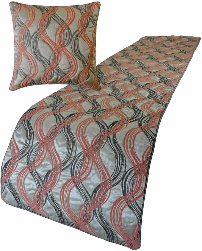 The HomeCentric King/Queen/Twin Orange Designer CA King 86"x18" Bed Runner with Two Pillow Cover, Swirls & Quilted Bed Scarf on Jacquard Fabric - Orange Twirls