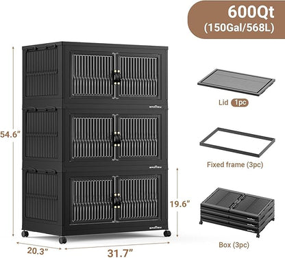 BROVIEW 600Qt Extra Large Stackable Storage Bins with Lid, Closet Organizer Collapsible Drawer Boxes with Wheels, Folding Plastic Cabinet Containers for Home Kitchen Room Organization, 3Pack Black
