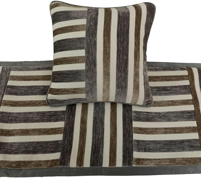 The HomeCentric King/Queen/Twin Beige & Grey Decorative Full 68"x18" Bed Runner Without Pillow Cover, Patchwork Bed Scarf on Velvet Fabric - Striation