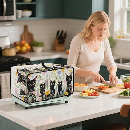 Countertop Microwave Oven Cover with Side Pockets, Dust Protection Small Appliance Toaster Ovens Dust Cover, S, 14.5 x 18.5 x 9 Inches, Cartoon Black Cat Daisy Flower