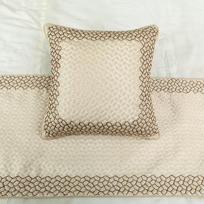 The HomeCentric King/Queen/Twin Ivory & Gold Designer Queen 74"x18" Bed Runner with Pillow Cover, Mosaic & Beaded Bed Scarf on Jacquard Fabric - Tessellation