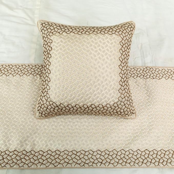 The HomeCentric King/Queen/Twin Ivory & Gold Designer CA King 86"x18" Bed Runner with Pillow Cover, Mosaic & Beaded Bed Scarf on Jacquard Fabric - Tessellation