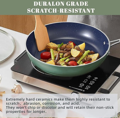 Nuwave 9pc Cookware Set Healthy Duralon Blue Ceramic Nonstick Coated, Diamond Infused Scratch-Resistant, PFAS Free, Oven Safe, Induction Ready & Evenly Heats, Tempered Glass Lids & Stay-Cool Handle