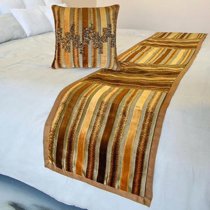 The HomeCentric King/Queen/Twin Gold & Brown Decorative Twin 53"x18" Bed Runner with Two Pillow Cover, Striped, Beadwork & Handmade Bed Scarf on Velvet Fabric - Streamlined