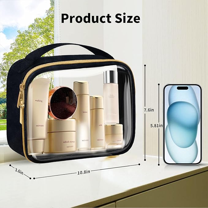 Travel Toiletry Bag,2 Pack Clear Makeup Bags with Handles,180°Opening Clear Cosmetic Bags for Traveling Women,Men,Travel Essentials,Black