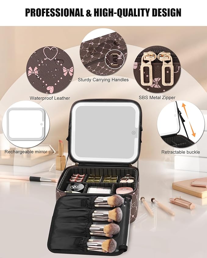 Relavel Travel Makeup Bag With LED Mirror, Portable Cosmetic Organizer Bag with Adjustable Brightness in 3 Color Scenarios, Small Train Case with Detachable Dividers for Trip- Brown Bowknot