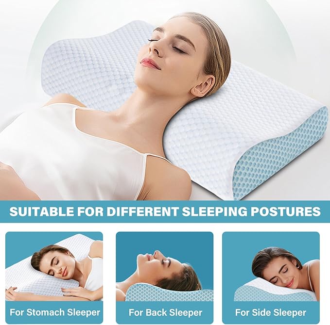 Neck Pillow Memory Bed Foam Pillows - Neck Support Pillow for Pain Relief, Ergonomic Cervical Pillow for Sleeping, Orthopedic Contour Bed Pillow for Side, Back, Stomach Sleepers,Blue