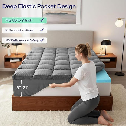 OLANLY Dual-Layer 4 Inch King Size Memory Foam Mattress Topper for Back Pain, 2 Inch Cooling Pillow Top Mattress Pad Cover and 2 Inch Gel Memory Foam Topper, Deep Elastic Pocket, Grey