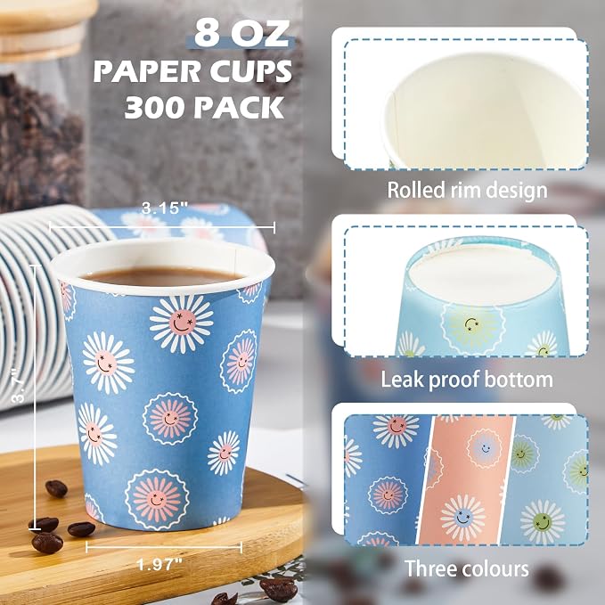 SIUQ 300 Pack Paper Cups 8 oz, Disposable Coffee Cups