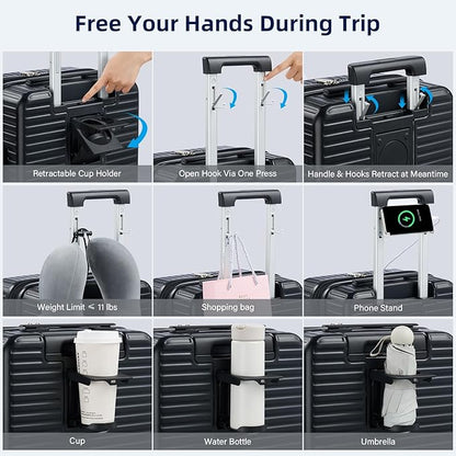 Hard Shell Suitcases Expandable Travel Luggage Sets 3 Piece, Carry on and Check in 3 Piece Luggage Suitcase Sets with Spinner Wheels Cup Holder Charger Built in (Black, 20/24/28)