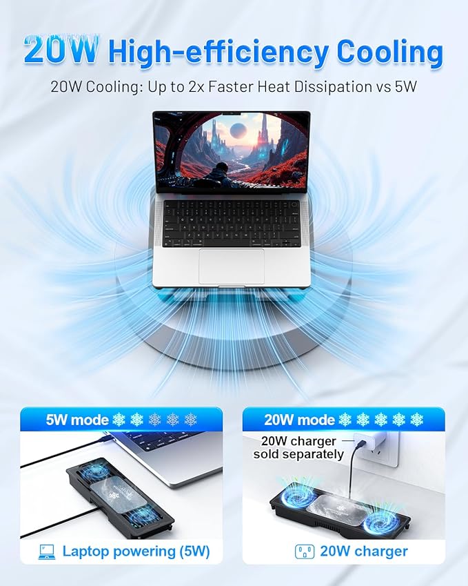 Laptop Cooling Stand with Detachable Thermoelectric Cooler, Adjustable Height & Angle, 360 Rotation Base, Carbon Steel Framework, Ultra-Quiet & Super Sturdy for up to 15.6” Laptop (Black)