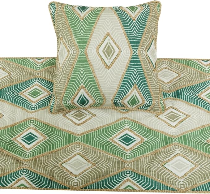 The HomeCentric King/Queen/Twin Green Designer CA King 86"x18" Bed Runner Without Pillow Cover, Aztec, Jute Embroidery, Quilted, Tassels, Jute, Moroccan & Tribal Bed Scarf Cotton - Chantico