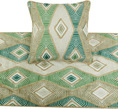 The HomeCentric King/Queen/Twin Green Designer CA King 86"x18" Bed Runner Without Pillow Cover, Aztec, Jute Embroidery, Quilted, Tassels, Jute, Moroccan & Tribal Bed Scarf Cotton - Chantico
