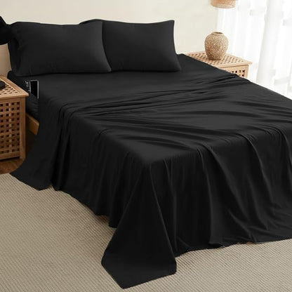 DREAMCARE King Size Sheets Set – 4 pcs Cooling Sheets – up to 21” Deep Pocket King Sheet Set – Hotel Luxury Sheets & Pillowcases – Superior Softness 100% Fine Microfiber with Side Pocket – Black