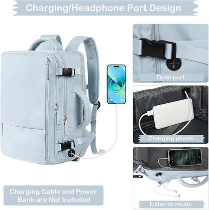 Hanples Large Travel Backpack for Women, 40L Carry on Luggage Backpack, 17 Inch Laptop Backpack with USB Charging Port, Waterproof Casual Bag Gift for Men with 2 Toiletry Bags (Light Blue)