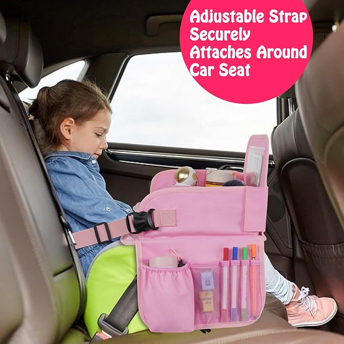 MENZOKE Kids Travel Tray, Car Seat Table Tray, Road Trip Essentials with Educational Drawing Board, Tablet Holder & Cooler Cup Holder, Travel Table for Kids Gifts in Car, Airplane, Multicoloured