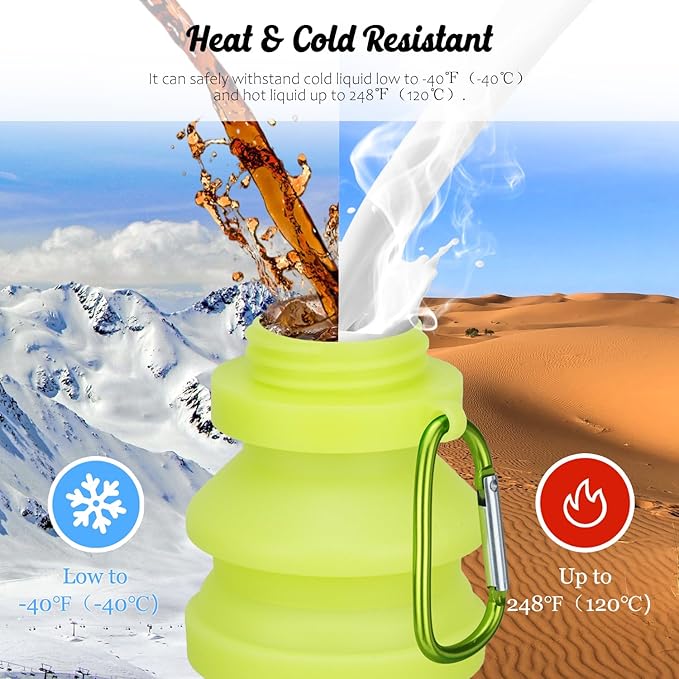 Nefeeko Collapsible Water Bottle, Reuseable BPA Free Silicone Foldable Water Bottles for Travel Gym Camping Hiking, Portable Leak Proof Sports Water Bottle with Carabiner