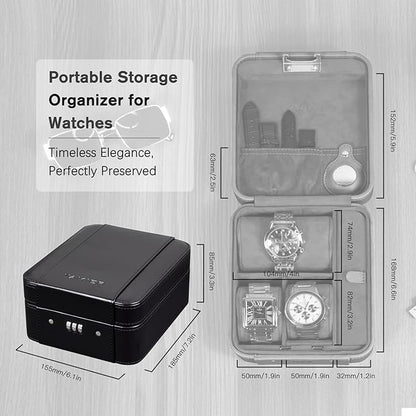 KAMIER Watch Case with Combination Lock - 4 Watch Storage and Jewelry Organizer - Watch Travel Case for Ring and Watch Storage, PU Leather Travel Watch Case, Ideal for Gift (With Gift Box),Black