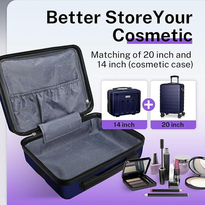 AnyZip Suitcase, 20" Carry On Luggage 14" Mini Cosmetic Cases Luggage Sets Hardside PC ABS Lightweight USB Suitcase with Wheels TSA for kids (2-Piece Set (14/20),DarkBlue)