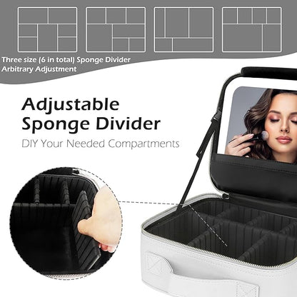 MOMIRA Travel Makeup Bag Cosmetic Bag Makeup Organizer Bag with Lighted Mirror, Adjustable Brightness in 3 Color Scenarios, Waterproof Makeup Train Case, Gift for Women - Silver