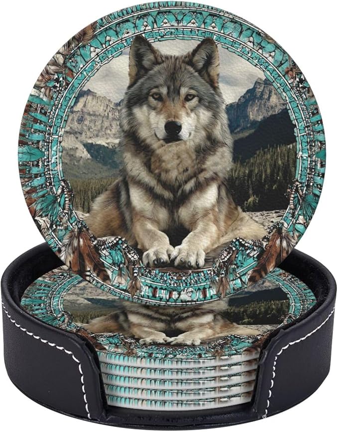 6 Pack Native American Wolf Turquoise Leather Coasters