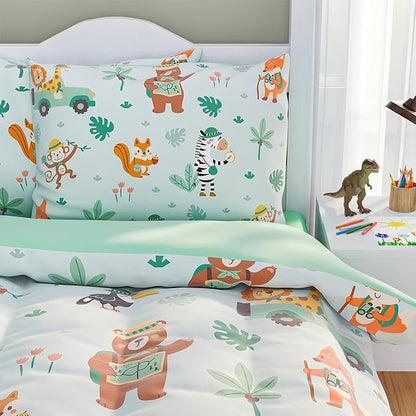 SANDJEST Jungle Animal Comforter Set Twin Size 68x86in for Kids Boys, Microfiber 3 Pcs Bedding Set Includes 1 Comforter, 1 Pillowcase, 1 Fitted Sheet, Nursery Room Decor