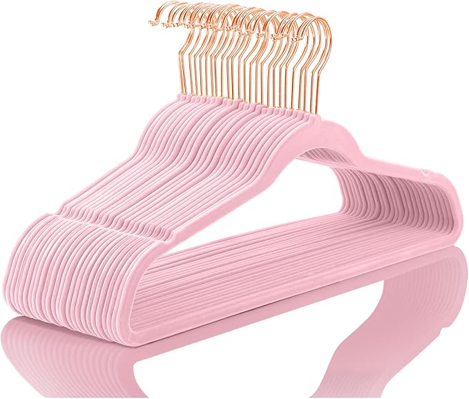 MIZGI Premium Velvet Hangers (Pack of 50) Heavy Duty - Non Slip - Velvet Suit Hangers Light Pink - Copper/Rose Gold Hooks, Space Saving Clothes Hangers