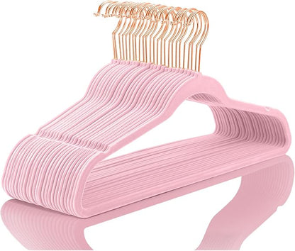 MIZGI Premium Velvet Hangers (Pack of 50) Heavy Duty - Non Slip - Velvet Suit Hangers Light Pink - Copper/Rose Gold Hooks, Space Saving Clothes Hangers