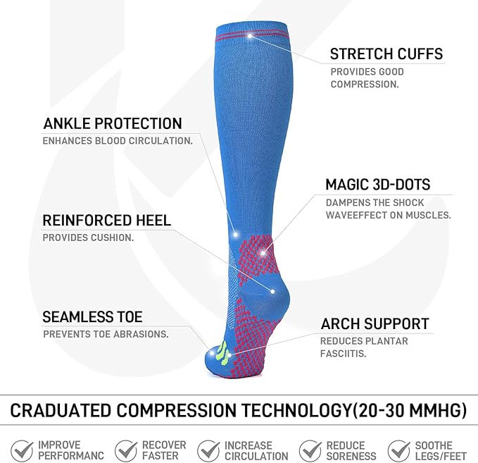 Kickticks 4 Pairs Compression Socks for Woman & Man Unisex 20-30mmHg Knee high Plus Size Wide Calves for Flying Running…