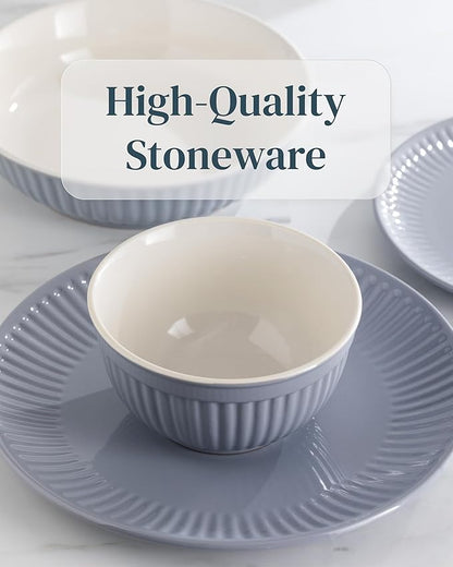 Stoneware Dinnerware Set for 8 People HYGGE 24-Piece - Elegant Scandi Design - Premium Dish Set - Bowl and Plate Set - Tableware for 8 People in a Ribbed Design - Pure Living in Gray-Blue