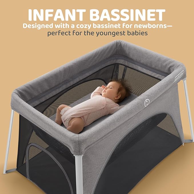 HARPPA Travel Crib with Comfy Mattress, Lightweight Portable Crib Requires No Assembly, Foldable Pack and Play for Baby and Toddlers, Compact Play Yard with Bed,Gray