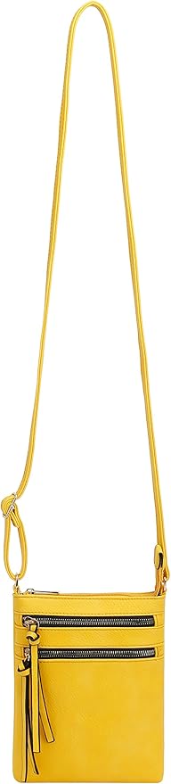 DELUXITY | Crossbody Purse Bag | Functional Multi Pocket Double Zipper Purse | Adjustable Strap | Medium Size Purse | Yellow
