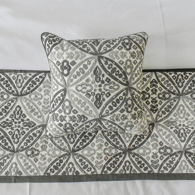 The HomeCentric King/Queen/Twin Gray Luxury Queen 74"x18" Bed Runner with One Pillow Cover, Moroccan, Pearl, Geometric & Embroidered Bed Scarf on Embroidered Fabric - Meryem