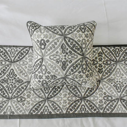 The HomeCentric King/Queen/Twin Gray Luxury Queen 74"x18" Bed Runner with One Pillow Cover, Moroccan, Pearl, Geometric & Embroidered Bed Scarf on Embroidered Fabric - Meryem