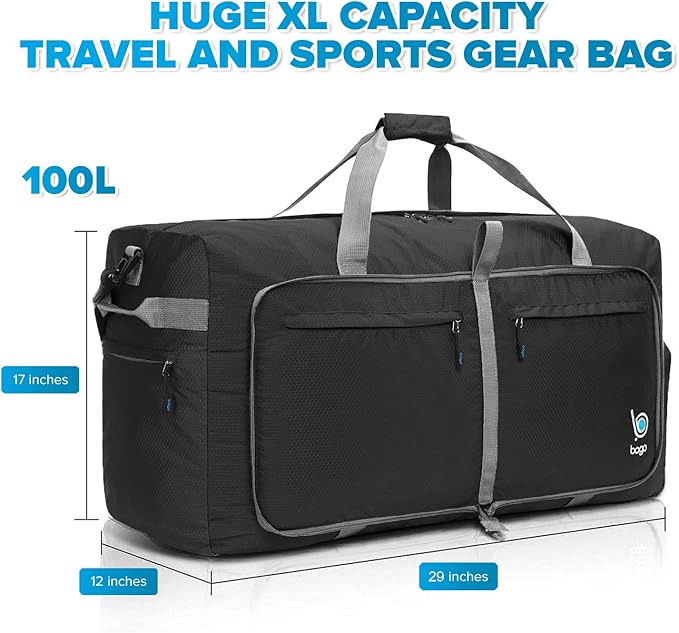 Bago Large Foldable Duffel Bags for Traveling Women & Men - 120L Packable Duffle Bag for Travel with Shoe Compartment - Water Repellant, Heavy Duty, Lightweight Folding & Collapsible (Black)