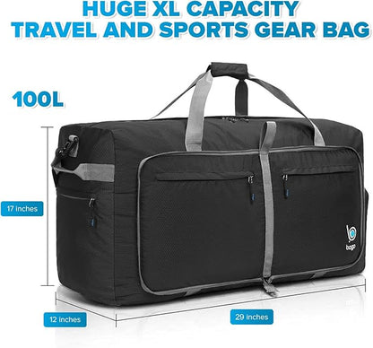 Bago Large Foldable Duffel Bags for Traveling Women & Men - 120L Packable Duffle Bag for Travel with Shoe Compartment - Water Repellant, Heavy Duty, Lightweight Folding & Collapsible (Black)
