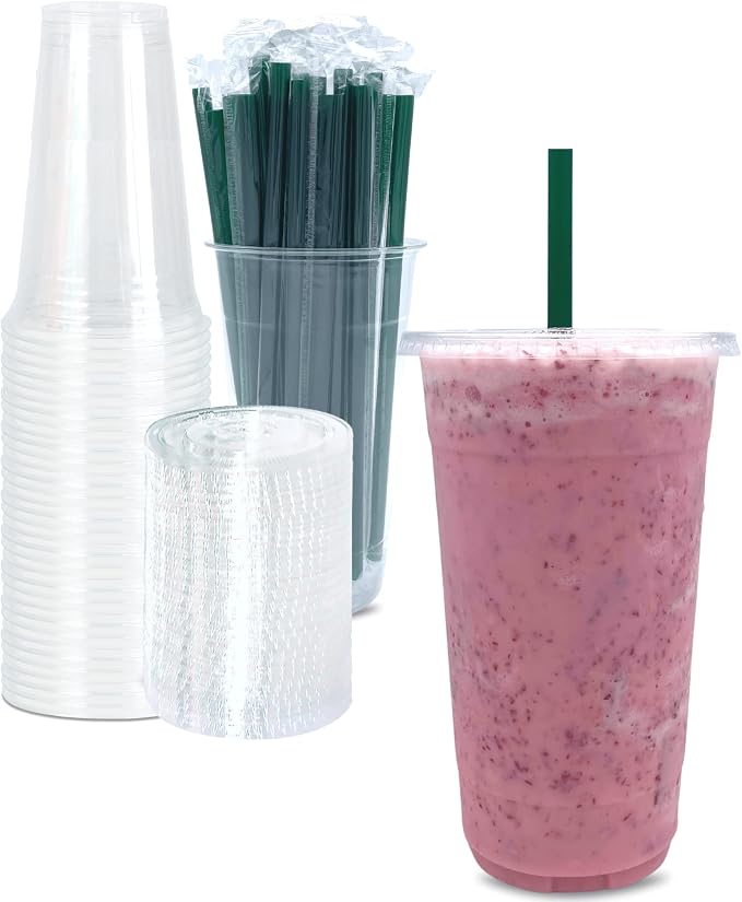 32 oz Clear Plastic Cups with Lids and STRAWS, Disposable Drinking Cups