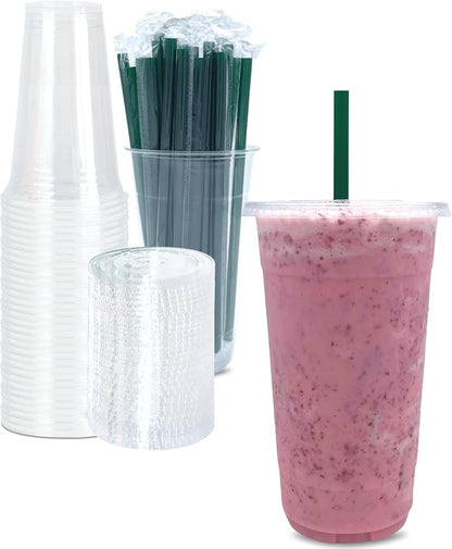 32 oz Clear Plastic Cups with Lids and STRAWS, Disposable Drinking Cups