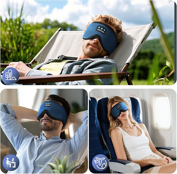 3D Sleep Mask with Bluetooth Headphones, Sleeping Headphones for Side Sleepers, Wireless Music Eye Mask with Ultra-Thin Stereo Speakers for Men, Women, Tech Gifts, Deep Blue