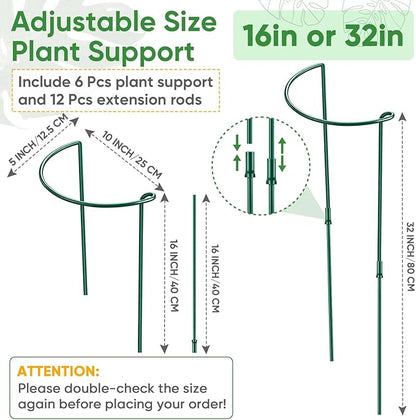 6 Pack 32 or 16 inch Adjustable Plant Support Stakes, Heavy-Duty Half Round