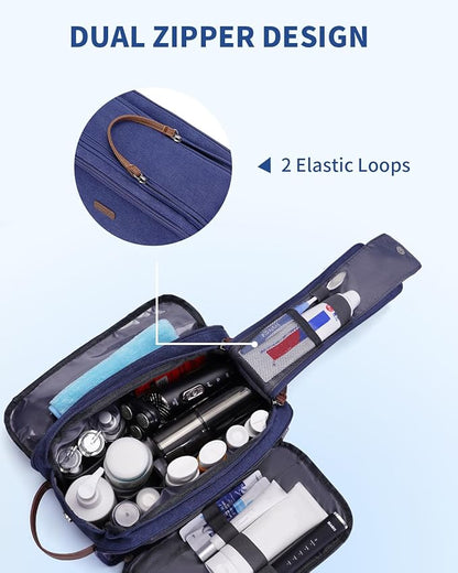 WANDF Toiletry Bag for Men Travel Toiletry Organizer Canvas and Leather Dopp Kit Water-Resistant Shaving Bag for Travel Accessories (Blue, Large)
