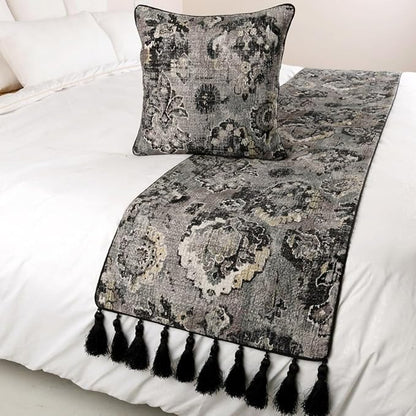 The HomeCentric Designer Black & Grey King 90 x 18 inch Bed Runner with 2 Pillow Cover Set, Velvet Damask with Tassels Bed Scarf, Abstract Modern - Paved Damask