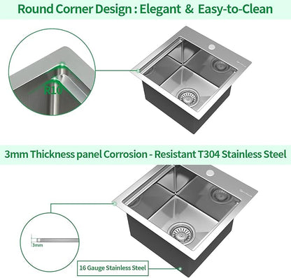 Kitchen Sink, 15 x 15 x 10 inch Small Bar Prep Sink 16 Gauge Stainless Steel Drop Single Bowl Workstation with Cutting Board