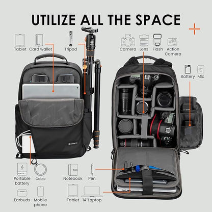 TARION Camera Backpack Waterproof Bag - 12.5L Slim DSLR Backpack with 14'' Laptop Compartment Rain Cover Slim Photography Bag for Men Women Photographers for DSLR SLR Lens Black TRL