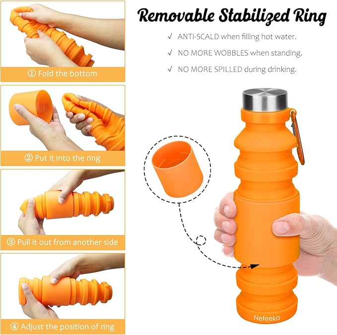 Nefeeko Collapsible Water Bottle, Reuseable BPA Free Silicone Foldable Water Bottles for Travel Gym Camping Hiking, Portable Leak Proof Sports Water Bottle with Carabiner
