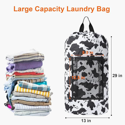 Femuar Laundry Bag Backpack Durable Laundry Bag with Shoulder Straps and Mesh Pockets Portable Laundry Dirty Clothes Hamper Bag for College Dorm (Cow Print)