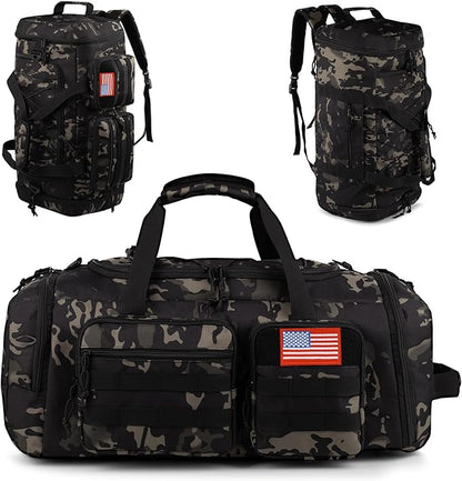 Tactical Gym Bag for Men，70L Large 3 in 1 Sports Duffle Bag with Shoes Compartment for Travel,Water Resistant Travel Backpack Weekender Overnight Bag with Wet Pocket for Women